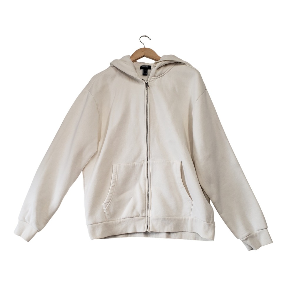 Forever 21 Zip Up Hoodie Mens Large Cream White Fleece Minimalist Streetwear‎